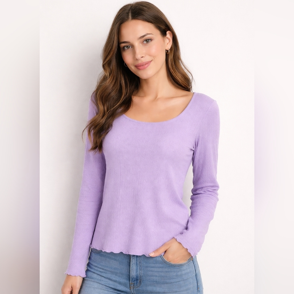 Mango MNG Long Sleeve Lavender Square Neckline Dainty Lightweight Shirt Size 2XL